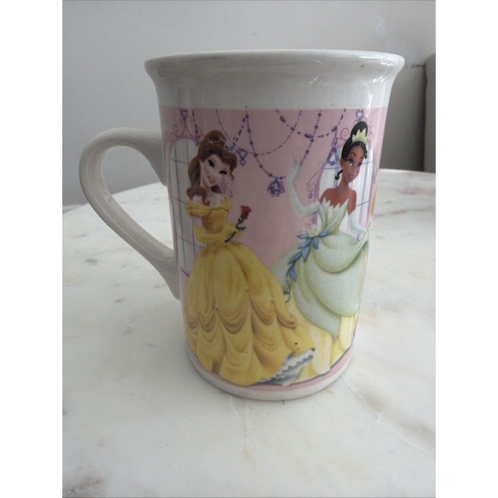Disney‎ Princess Ceramic Mug 2011 Belle Cinderella Aurora Tiana Rapunzel Pink